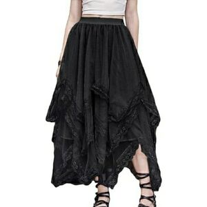 Lace Trim Layered Mesh Tulle Skirt High Waist Asymmetrical Long Goth Skirt Black